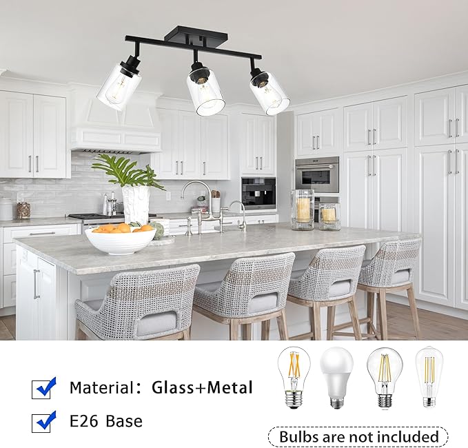 3-Light Track Lighting Kit Black Track Lighting Fixtures Bathroom Wall Sconces Ceiling Mount Kitchen Tracking Lights, Rotatable Spotlight with Clear Glass Shade for Kitchen Shop Hallway