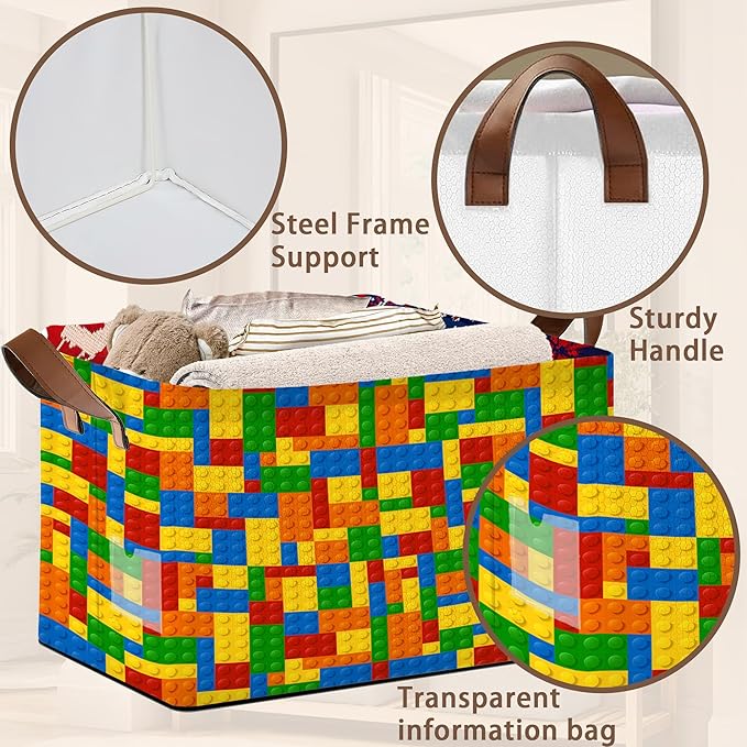 Colorful Building Blocks Storage Basket Large 17x11.5x10.5 Inche-Collapsible Fabric Organizer Bin with Handles for Kids Room, Toys, Playroom-Decorative Hamper with Educational Block-Single Pack