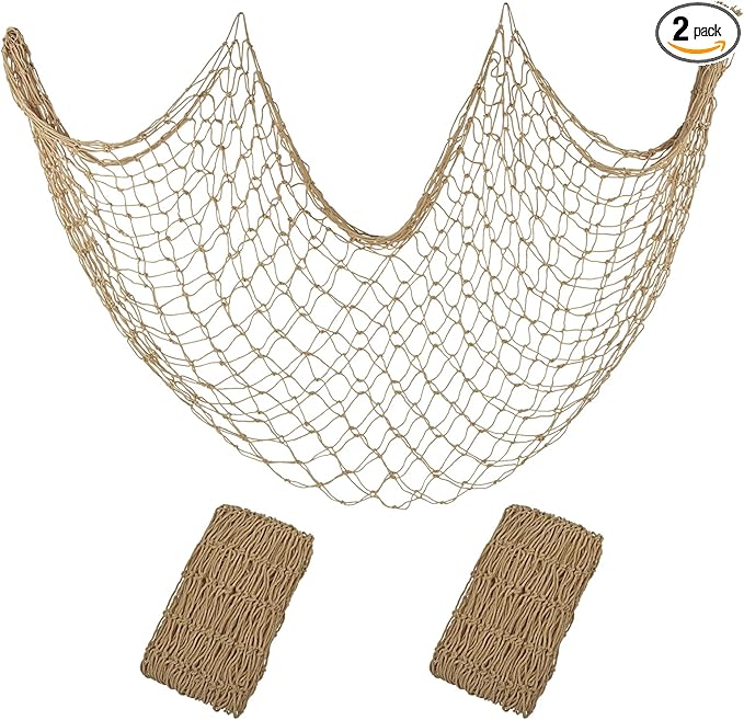 Patioland Decorative Fishing Net 2 Pack, 80x40 Inch Large Caramel Fish Net Decor for Wall, Photo Display, Nautical Mermaid Pirate Ocean Themed Beach Hawaii Under the Sea Party Decorations