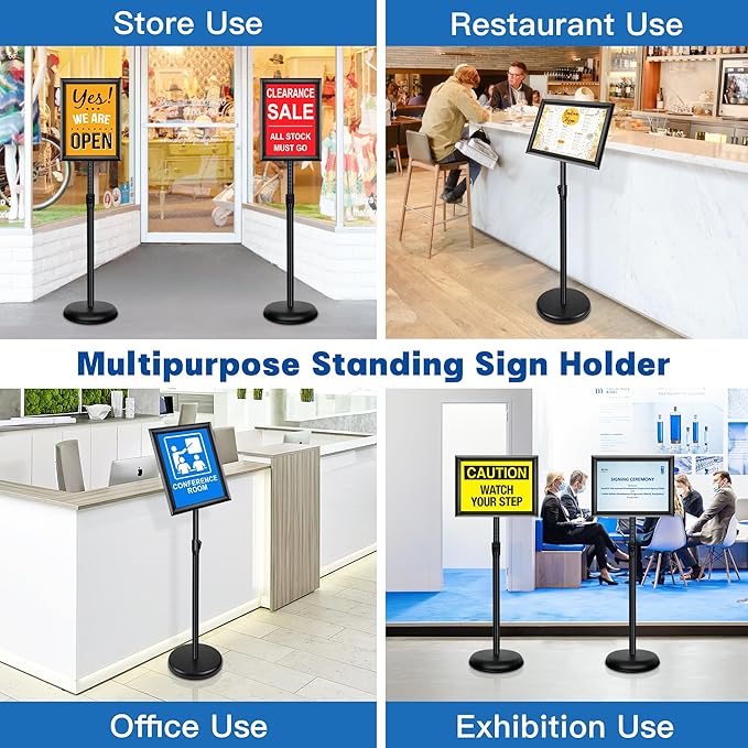 Sign Holder Stand - 8.5x11 Inch Adjustable Floor Standing Sign Stand for Display, Pedestal Poster Stand for Vertical & Horizontal View, Indoor & Outdoor Use for Business & Store - Black