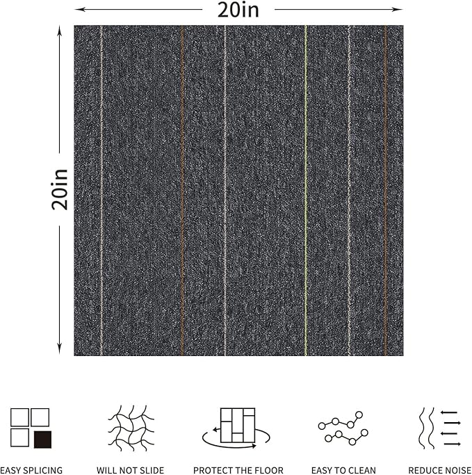 40 Tiles 20"x20" Carpet Tiles (107 sqft/Carton) - Non-Slip, Non-Adhesive, Padded Square Flooring for Home & Office - Easy DIY Installation, Seamless Look, Indoor & Outdoor Use