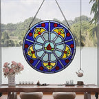 Stained Glass Window Hanging Tiffany Plant Style Blue Flower Suncatcher 12" Roud Wall Decor Art Panel Include 20" Chain and Hooks Perfect Christma Housewarming Gift