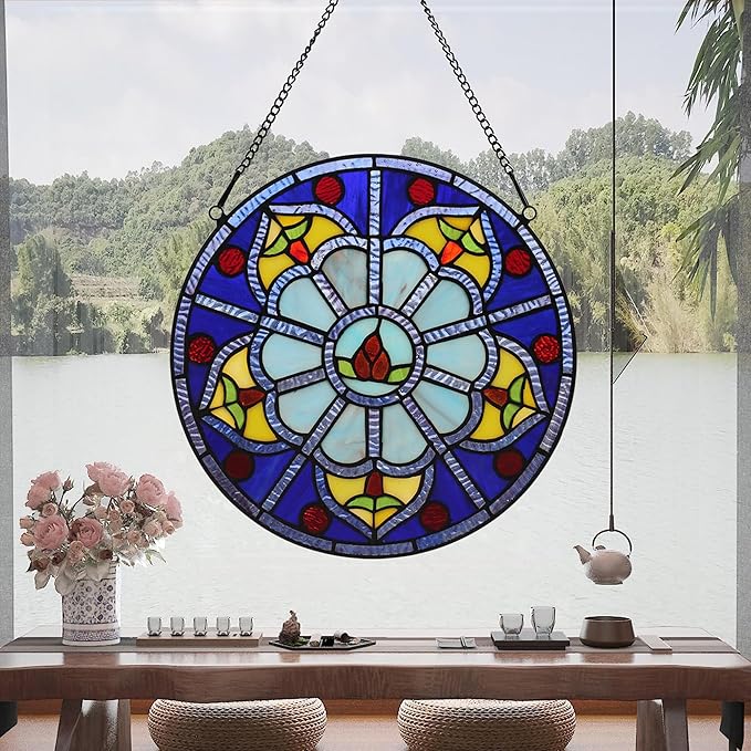 Stained Glass Window Hanging Tiffany Plant Style Blue Flower Suncatcher 12" Roud Wall Decor Art Panel Include 20" Chain and Hooks Perfect Christma Housewarming Gift
