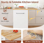 53.9" Rolling Kitchen Island Cart with Drop Leaf & Storage - Mobile Kitchen Organizer with Wheels, Rubberwood Top, Trash Bin Cabinet & Towel Rack, White Farmhouse Style for Small Spaces