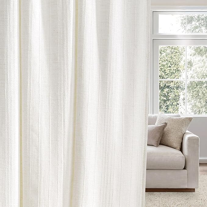 NICETOWN Natural Boho Linen 108 inch Curtains for Living Room, Jacquard Weave Waffle Pattern Privacy Light Filtering Floor Length Drapes, W52 x L108, 2 Panels