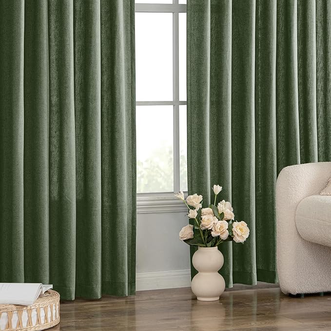 MIULEE Non-See-Through Privacy Linen Curtains 2 Panels, Light Filtering Window Curtains Farnhouse Textured Back Tab Semi Sheer Drapes for Bedroom Living Room, 52 x 108 Inches Long, Olive Green