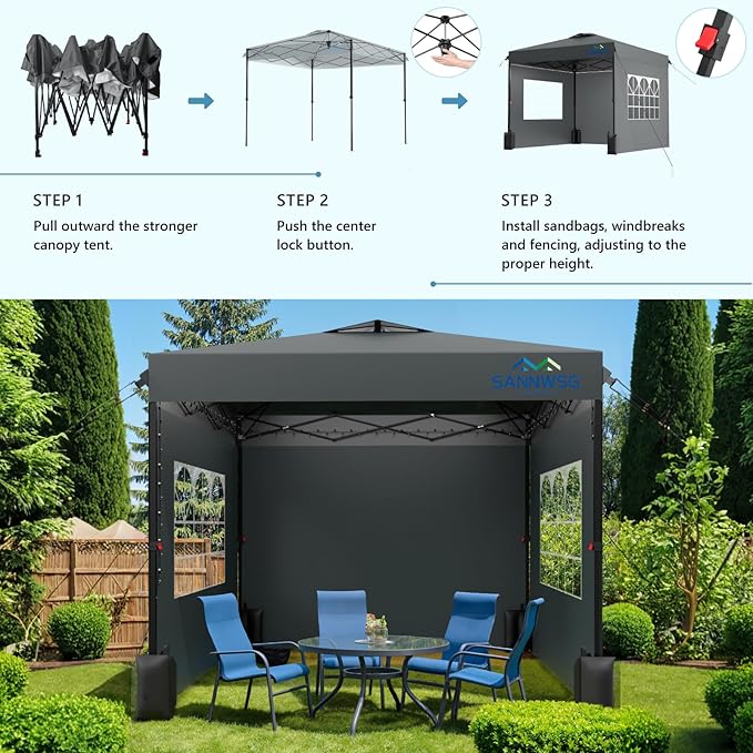8X8 Pop Up Canopy Tent with 3 Sidewalls,Easy Up Canopy,Commercial Instant Shelter,Heavy Duty One Person Set Up Event Tent,Grey