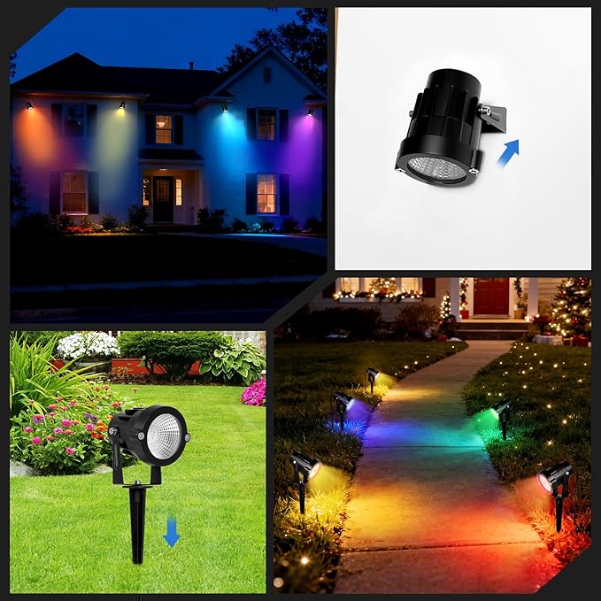 Christmas Spotlights Outdoor: RGBW LED Spot Light Plug in 120V Remote Control 16 Color Changing Landscape Spotlights for Yard Outside House Garden Lawn Path Tree Holiday Décor, 4 Pack (RGB+Warm White)
