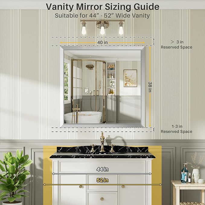 40x38 Inch Brushed Nickel Bathroom Mirror for Wall, Thick Metal Framed Rectangle Mirrors for Over Sink, Bedroom, Living Room, Entryway, Anti-Rust, HD Tempered Glass