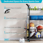 Large Garage Sports Equipment Organizer with Wheels, 3-Tier Ball Storage Rack for Basketballs, Soccer Balls & Sports Gear, Outdoor Sports Organizer with Bat Holder & Hooks, Toy Storage Bin