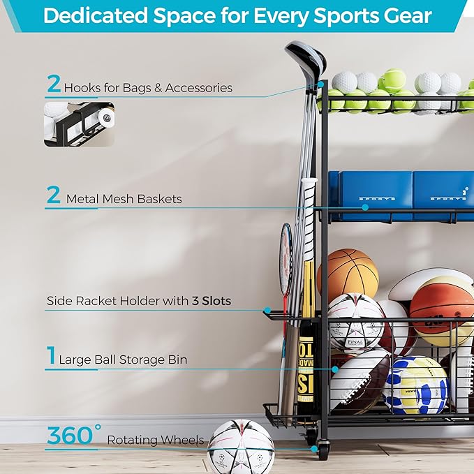 Large Garage Sports Equipment Organizer with Wheels, 3-Tier Ball Storage Rack for Basketballs, Soccer Balls & Sports Gear, Outdoor Sports Organizer with Bat Holder & Hooks, Toy Storage Bin