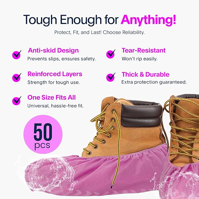 Premium Disposable Boot & Shoe Covers Booties | 50 Pack | Durable, Non-Slip, Non-Toxic, Water Resistant, Recyclable Protectors for Indoor & Outdoor | Large Size Fits Most Shoes