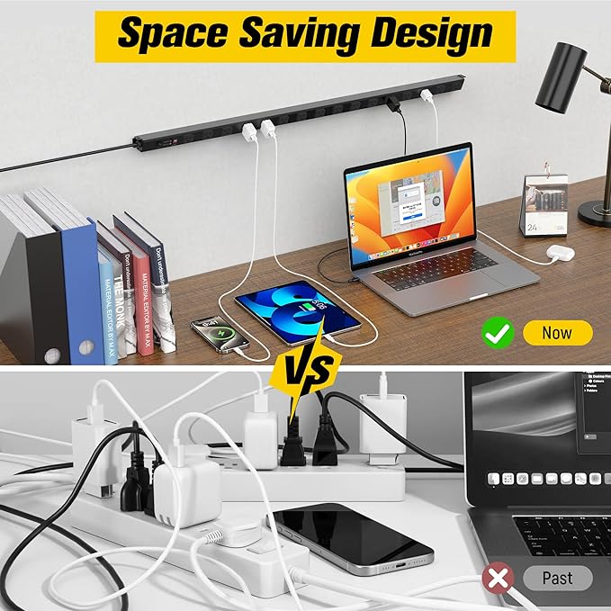 HHSOET 16 Outlet Long Power Strip, 6FT Heavy Duty Power Strip with 4800J Surge Protection, 20a Mountable Wide-Spaced Outlets for Home, Office, Garage & Workshop - ETL Certified (Black)