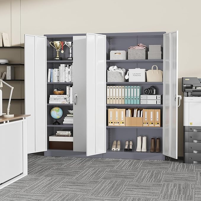 Incbruce 72” Metal Storage Cabinet, Garage Cabinets and Storage System with Doors and Shelves, Tall Lockable Tool Cabinet for Garage, Office, Home (Grey White)