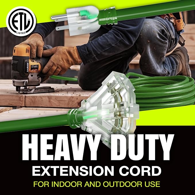 75ft Outdoor/Indoor Extension Cord 3-Outlet 12/3 Gauge Extra Heavy Duty ETL Listed, 3 Prong SJTW, Waterproof, Flexible Cold-Resistant Long Power Cord,15A 125V 1875W, Green by LifeSupplyUSA