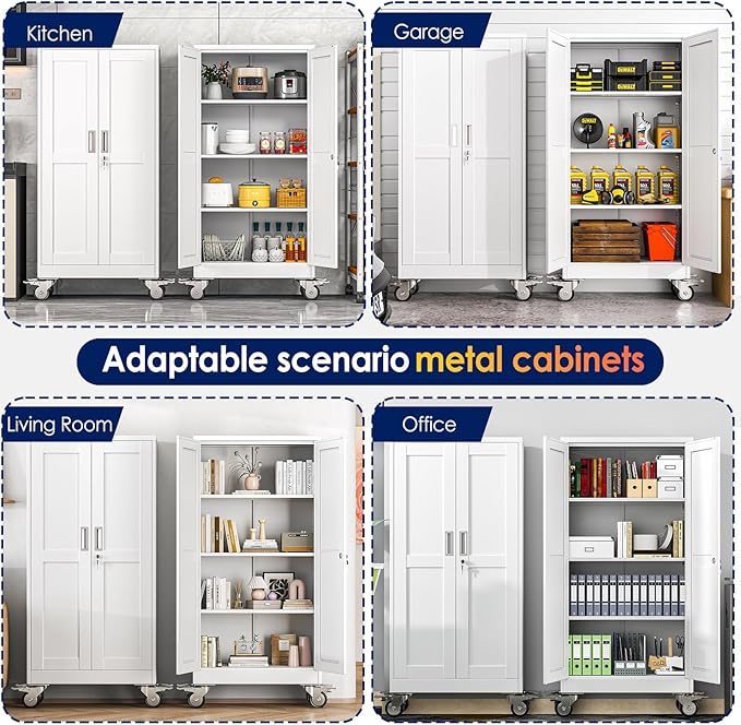 61" H Metal Garage Storage Cabinet, Rolling Tool Cabinet with 2 Doors and Wheels, Locker Steel Cabinet with 3 Adjustable Shelves, Organization Cabinet for Garage,Office,Home,Gym,School（White）