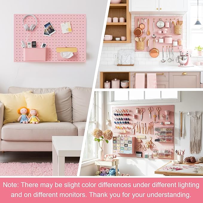 Peg Board, 3 Pack Metal Pegboard Panels Pink Pegboards Wall Organizer with Frame Large Heavy Duty Peg Board with Hooks for Walls Home, Garage Tool Storage, Office, Craft Room, Kitchen 24”×16”