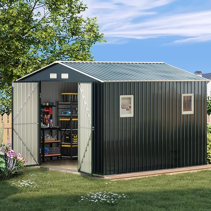 Breezz Outdoor Storage Shed 10 x 10 ft. Utility Tool Shed Metal Storage Garden Shed with Lockable Doors, Windows for Patio Storage,Nightblue