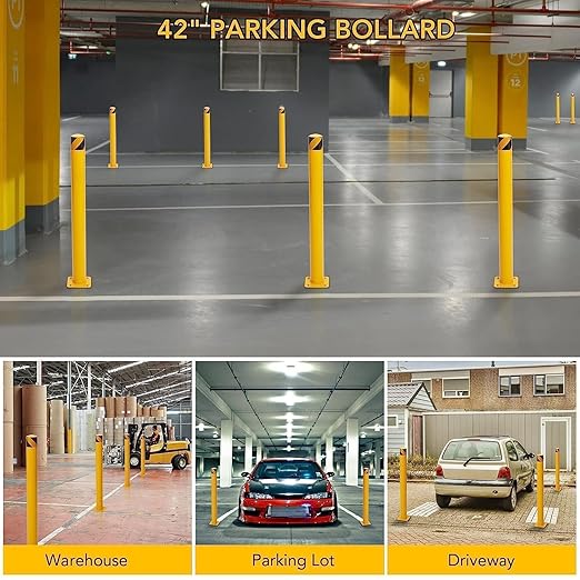 4-Pack 42 Inch Steel Safety Bollard Post, 4.5 Inch Diameter Metal Safety Bollard with 16 Anchor Bolts for Driveway Barrier, Parking Pole, Traffic Control