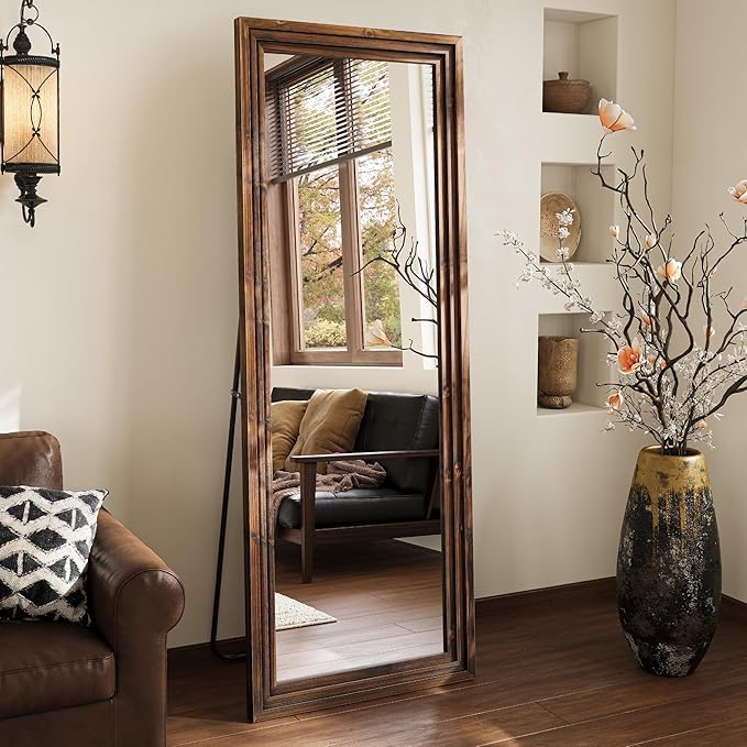 Full Length Mirror, 63"x21" Rustic Farmhouse Floor Mirror with Stand, Rectangular Solid Wood Frame in Walnut Finish, Full Body Mirror for Bedroom, Hallway & Living Room