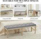 LOULENS 57.7" Linen Fabric End of Bed Bench, French Upholstered Button Tufted Bench for Bedroom End of Bed, Window Seat with Carved Wood Legs for Bedroom, Living Room, Entryway, Light Grey