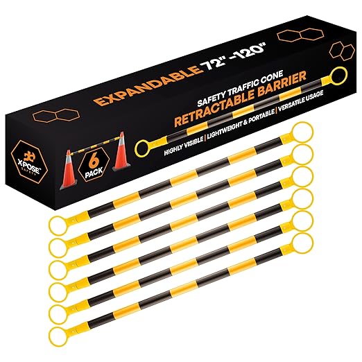 Retractable Barrier for Safety Traffic Cones - 2" OD - Large Yellow and Black Bar Barricade - for Road Construction, Parking, Warning, Temporary Security Divider (6, Yellow & Black, 72" x 120")