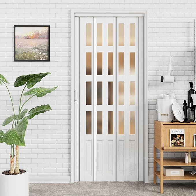 49-60 x 80in Accordion Doors Interior Folding Door, White PVC Accordion Door with 4 Frosted Acrylic Glass with Upgraded Roller & Handle & Complete Hardware, for Closet Bathroom Doorways
