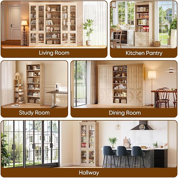 Vyre 70.8" Tall Brown Bookshelf, Farmhouse Modular Bookcase with 6-Tier Adjustable Shelves, Large Storage Cabinet for Home Office, Living Room, Set of 3
