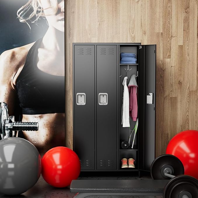 Aobabo Metal Lockers for Employees, 3 Doors Storage Locker with 9 Hooks for Office Home, Black, Assembly Required