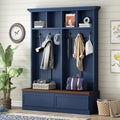 Merax Wood Hall Tree with 6 Hooks & Entryway Bench, Farmhouse Mudroom Versatile Coat Racks with 2 Large Drawers, Entrance Organizer for Hallway, Blue