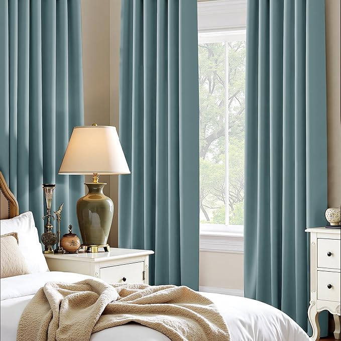 PONY DANCE Short Curtains for Kitchen - Home Decor Rod Pocket Thermal Insulated Window Treatments Light Block Panels for Bathroom, 42 W x 36 L, Greyish Blue, Set of 2