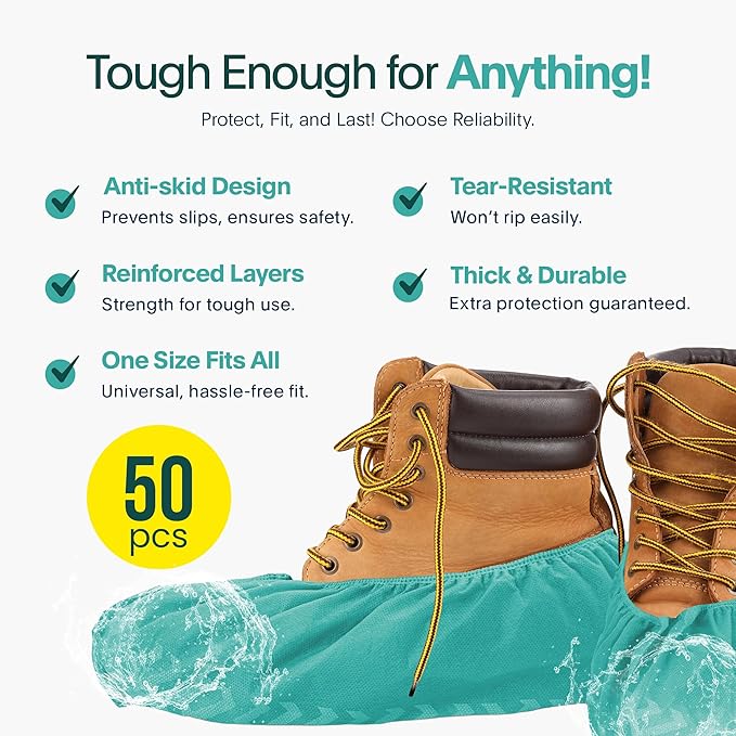 Premium Boot & Shoe Covers Disposable Booties - 50 Pack - Durable, Non-Slip, Non-Toxic, Water Resistant, Recyclable Protectors for Indoor & Outdoor - Large Size Fits Most Shoes