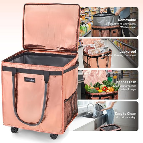 (Medium) Fanwoli Reusable Grocery Bag On Wheels with Removable Liner | Wrinkle-Resistant Fabric | Enhanced Stability Wheels & Extended Handle | Foldable Shopping Trolley for Laundry, Carries Up to 66L