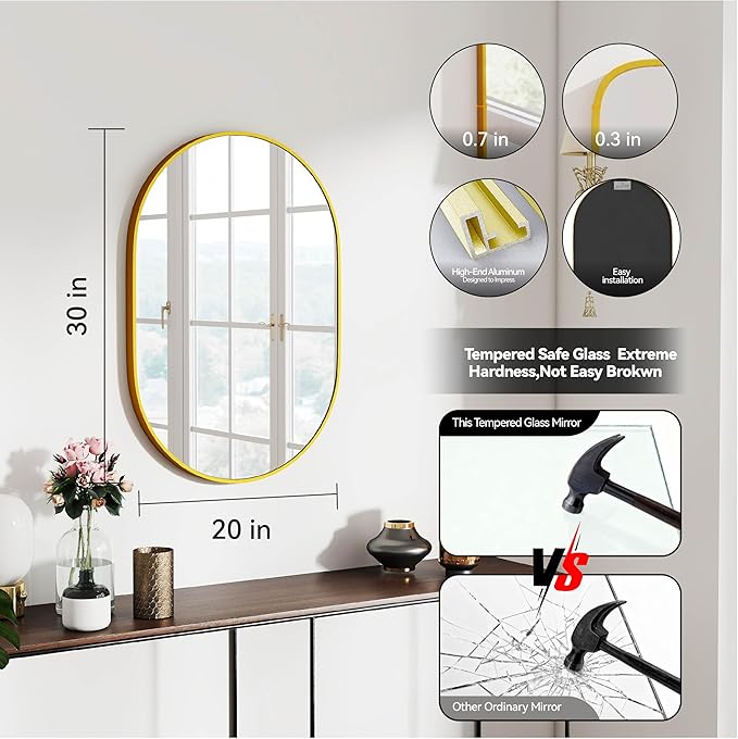 30x20 Mirror Runway Oval Wall Mounted Aluminum Alloy Metal Frame Rectangle Mirrors for Entryway Bedroom Bathroom Living Room 30 20 inch Gold