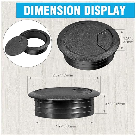 2" Spring Desk Grommet, JTemgle Plastic Cable Hole Cover Computer Table Cord Wire Organizer Caps Desktop Cord Management for Home Office TV Stands Tabletops - Black, 5 Pcs