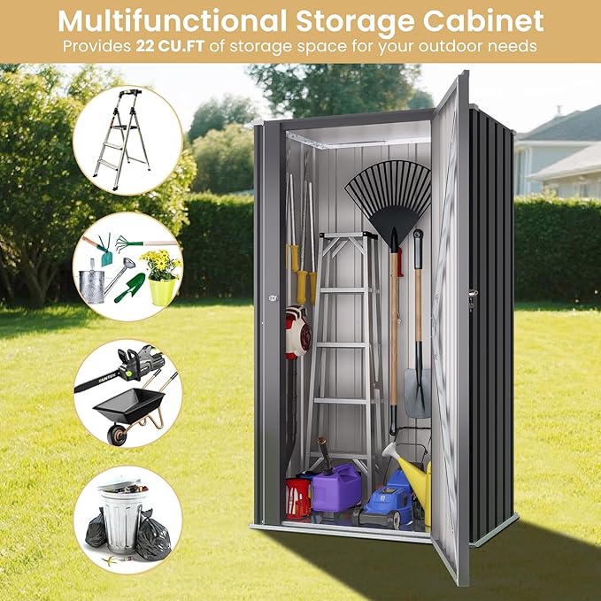 Greesum 55'' Metal Storage Shed, 22 Cuft Storaged Cabinet with Lockable Door, Vertical Tool Organization Cabinets Without Shelves, for Home, Backyard, Patio, Garage, Lawn, Black