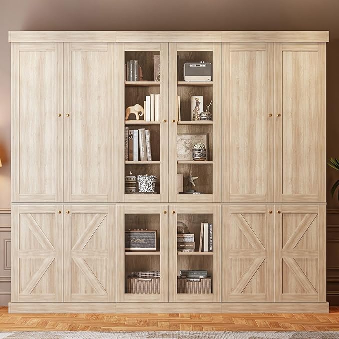 70.8" Tall Farmhouse Bookshelf, Modular Bookcase with Glass Doors, 6-Tier Adjustable Shelves, Large Storage Cabinet for Kitchen, Living Room, Brown, Set of 3