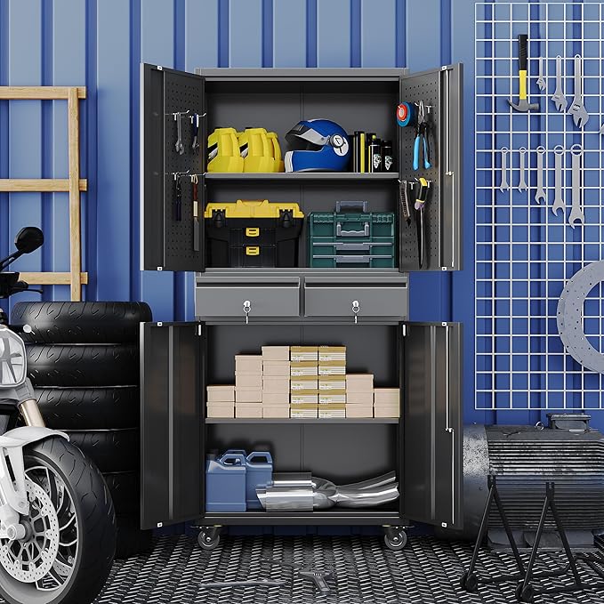 Aobabo 71" H 2 Drawer Metal Storage Cabinet with Wheels and 4 Pegboards,Lockable Steel Garage Storage Cabinet with 2 Adjustable Shelves,Black,Assembly Required