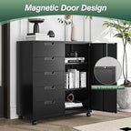 MIIIKO 5 Drawer Storage Cabinet with Door and Shelf, Mobile Lateral Cabinet on Wheels, Office Small Organizer Printer Stand, Black File Cabinets