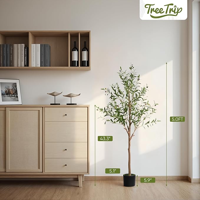 2 Pack Artificial Olive Tree 5FT, Tall Faux Olive Trees for Indoor Outdoor, Realistic Potted Plant Natural Wood Trunk, Leaves and Fruits for Home Office Decor (2, 5FT)