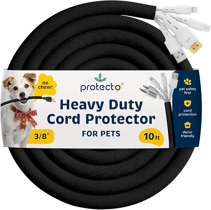 PROTECTO Heavy Duty Dog & Cat Cord Protector 10ft Long Sleeve, Easy-to-Use 3/8 in Cord Cover for Pet, Odorless Black Color, No Chew Solution for Power, Audio & Video Wire Tubing, Fits 4-6 Cables