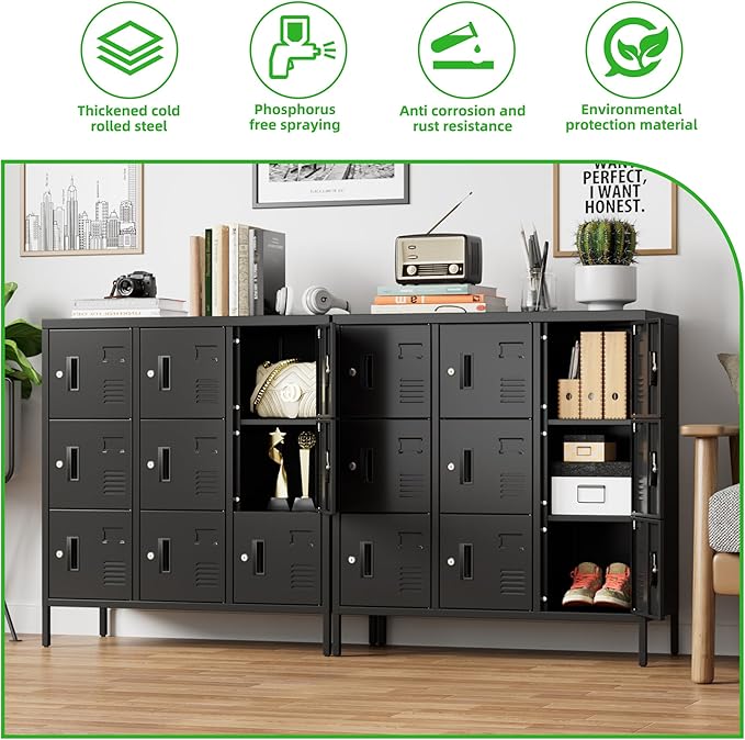 Aobabo 9 Doors Steel Storage Locker Cabinet for Employees, Metal Locker for School Office Gym Bedroom, Industrial Storage, Black, Assembly Required