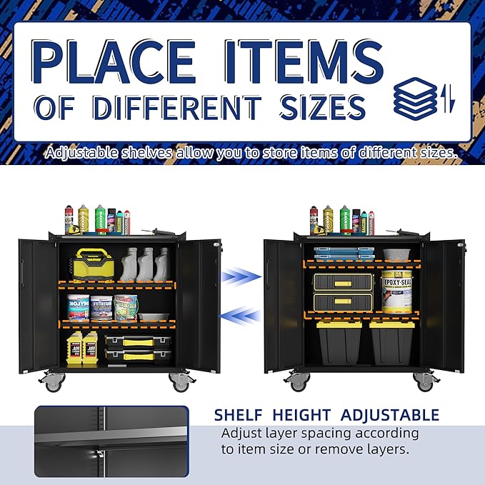 Rolling Tool Cabinet with Wheels, Tool Cabinets with 2 Door for Garage, Tool Room, Assembly Required(Black)