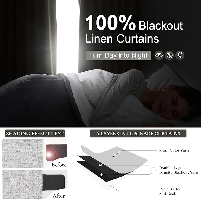 Grey Curtains 60 Inch Length Wide Pleated Blackout Curtain for Sliding Glass Door/Living Room, Farmhouse Linen Thick Boho Bedroom Heavy Insulated Large Window Drapes (60" Wx90 Lx2Panels)