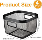 4 Pack Metal Mesh Basket with Hollow Handles Black Wire Storage Bin for Organizing Stackable Metal Fine Mesh Basket for Pantry Bathroom Kitchen Cabinets Shelves (Medium)