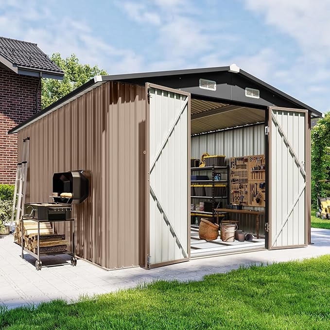 10x12 FT Outdoor Storage Shed with Floor Foundation & Lockable Double Doors, Heavy-Duty Galvanized Steel Outdoor Metal Shed for Bike, Tool Storage in Backyard, Patio (10’x12’, Floor Base)