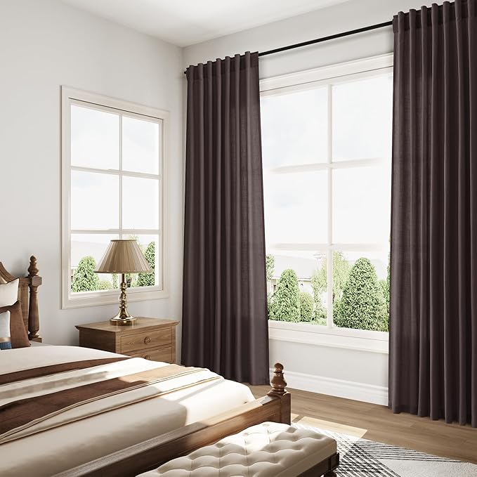 Nanspring Cocoa Coffee Linen Blend Light Filtering Back Tab Curtains 84 Inches Long, Semi Sheer Privacy Drapes for Living Room & Bedroom Simple Style, 52x84 inch, 2 Panels