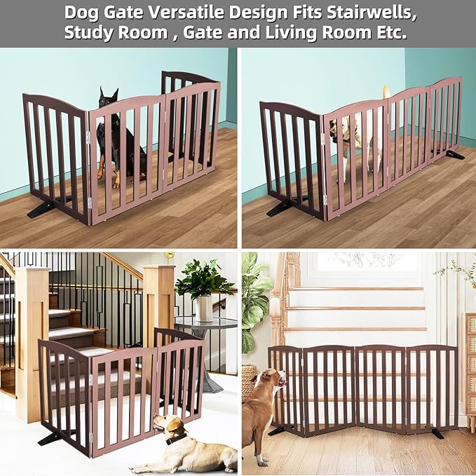 Freestanding Dog Gate Indoor,Doggie Gate Foldable Pet Gates for Doorways,Stairs or Hallways, Wooden Brown Pet Gate for The House, Pet Fence with Support Feet Included,32 "Height-4 Panels