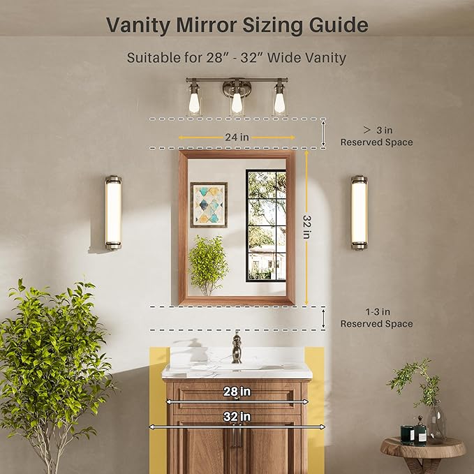 24x32 Inch Bathroom Mirror for Wall, Anti-Rust Walnut Wood Grain Metal Framed Bathroom Mirrors for Over Sink,Rectangler Mirrors for Bathroom Vanity, Farmhouse, Bedroom, Living Room, Entryway Decor