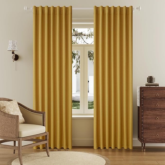 DUALIFE Full Blackout Yellow Curtains 63 Inch Long Linen Textured Curtains Thermal Insulated Heat Blocking Noise Reducing Vintage Drapes for Nursery Bedroom Rod Pocket&Back Tab 2 Panels 50W x 63L